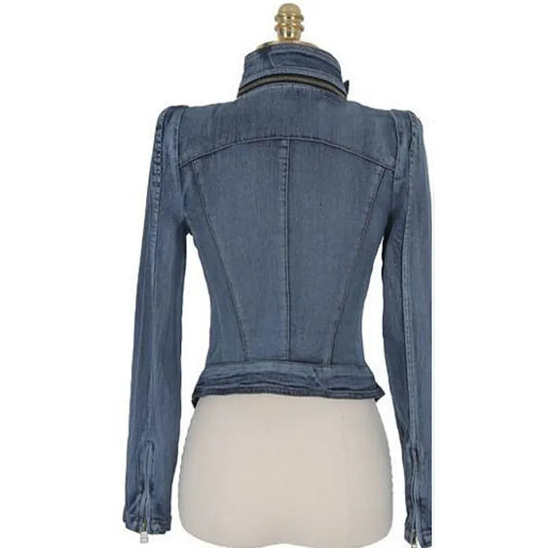 New fashion Star jeans women Punk spike studded shrug shoulder Denim cropped VINTAGE jacket coat Zipper Denim Coat