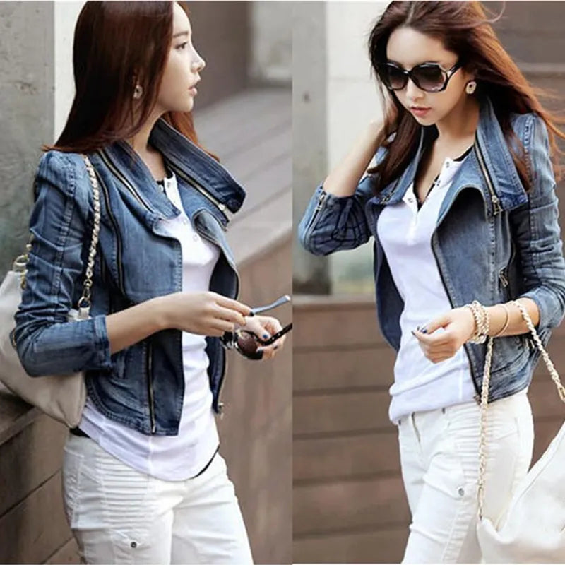 New fashion Star jeans women Punk spike studded shrug shoulder Denim cropped VINTAGE jacket coat Zipper Denim Coat