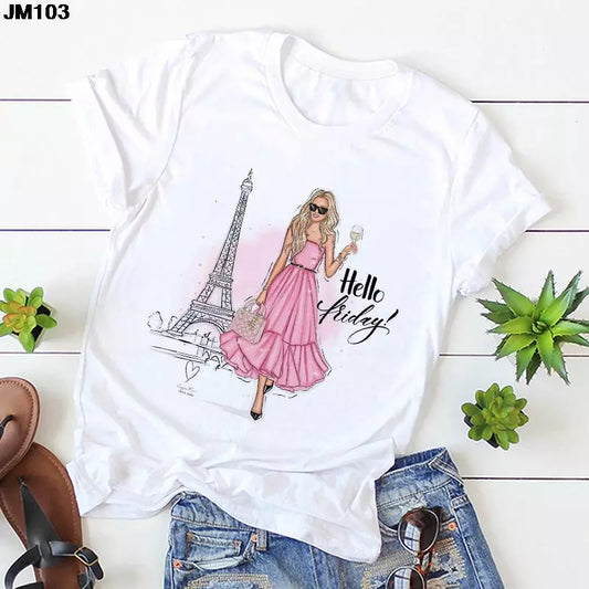 New Women's Eiffel Tower Beautiful Girl Print T Shirt Women Harajuku Fashion Short Sleeve Tshirt Korean Style Female Top T-shirt