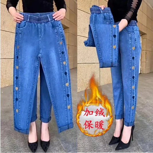 Women's Jeans Autumn Winter Stretch Waist Embroidery Denim Pants Large size Loose Female Straight Casual Pants