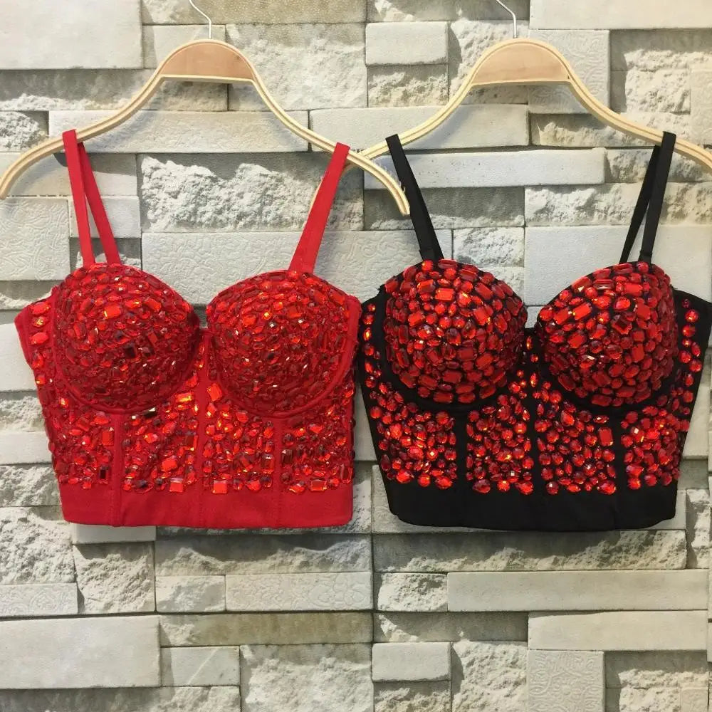 Unique red Rhinestone Gaga Bustier Pearls Diamond Push Up Night Club Bralette Women's Bra Top Vest fashion w1172