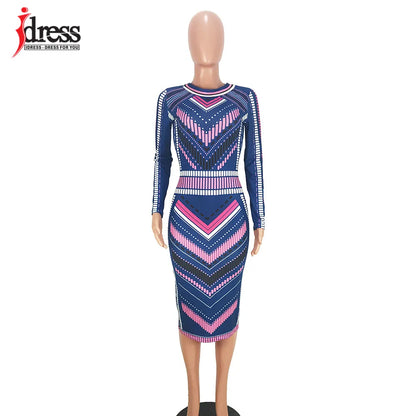 IDress Long Sleeve Winter Dress Women Sexy Striped Printed Autumn Winter Knee Length Bandage Evening Party Bodycon Casual Dress