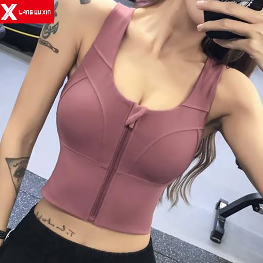 Women's High Impact Wireless Cross Back Support Front Zip Sports Bra Wireless Bras with Pad Post-Surgery Bra Active Plus Size