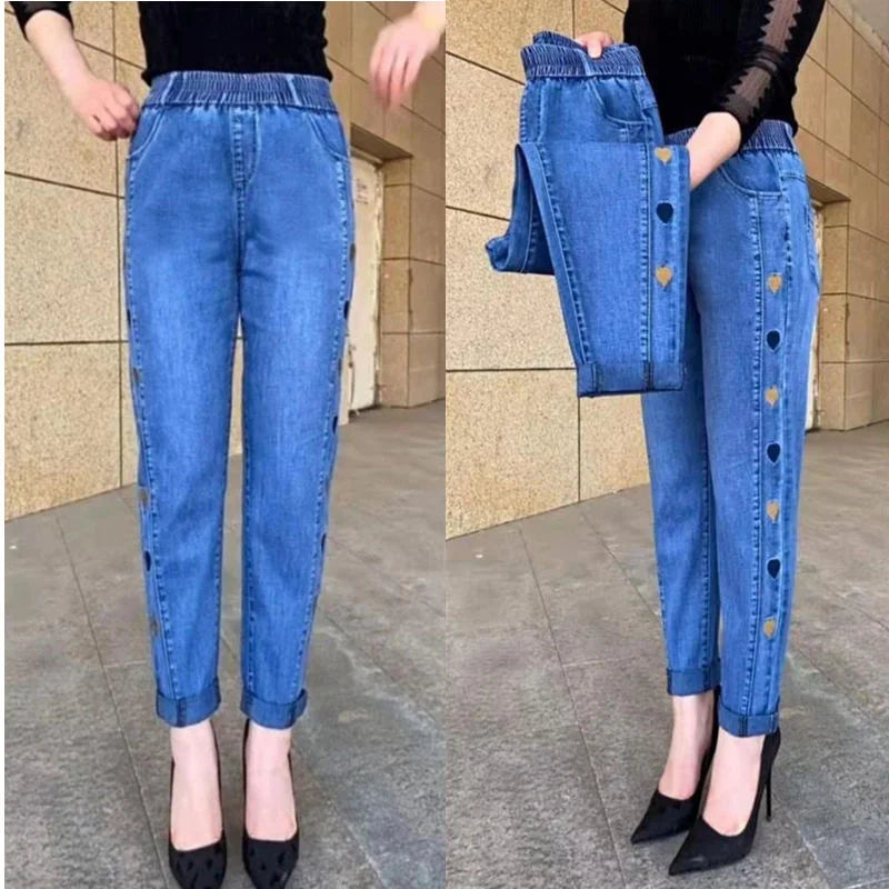 Women's Jeans Autumn Winter Stretch Waist Embroidery Denim Pants Large size Loose Female Straight Casual Pants