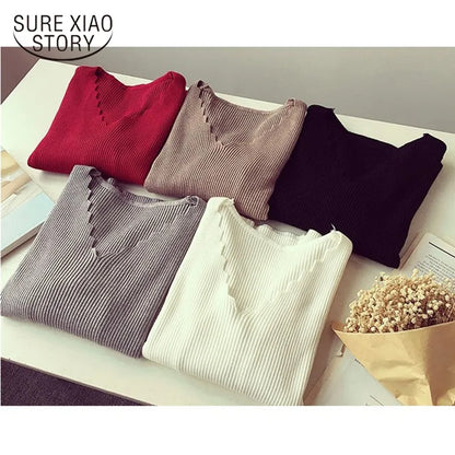 Autumn Solid Basic Pull Elasticity Women Clothing Fashion Women V-neck Long-sleeve Knit Sweater Female Jumper Pullover 7113 50