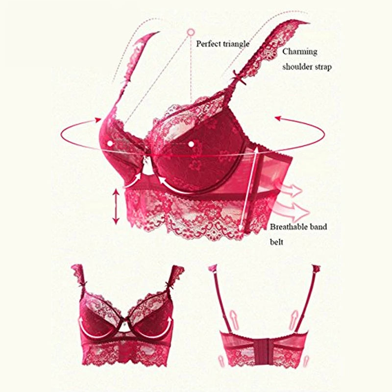 Burvogue New Lace Lingerie Bra Set Women Sexy Bra Set Push Up Underwear Bralette Plus size Adjustable Bras and Panties 2pcs/Set