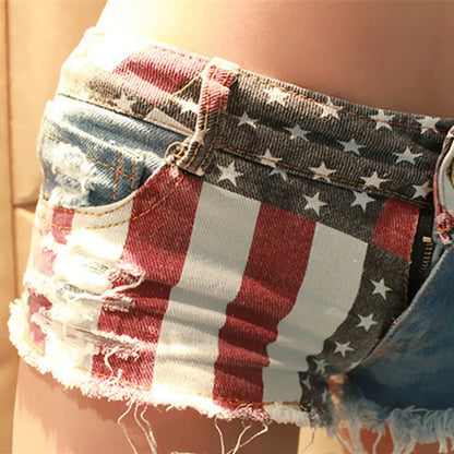 Mid Waist Jeans Shorts 2021 Women New Fashion USA Flag Printed Denim Pole Dance Skinny Hot Hole Short Pants S-XXL