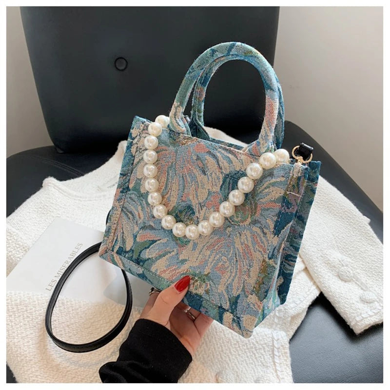 Unusual Design Denim Handbags for Women New Luxury Woman Canvas Tote Bag Pearl Bead Decorated Diagonal Crossbag Femme