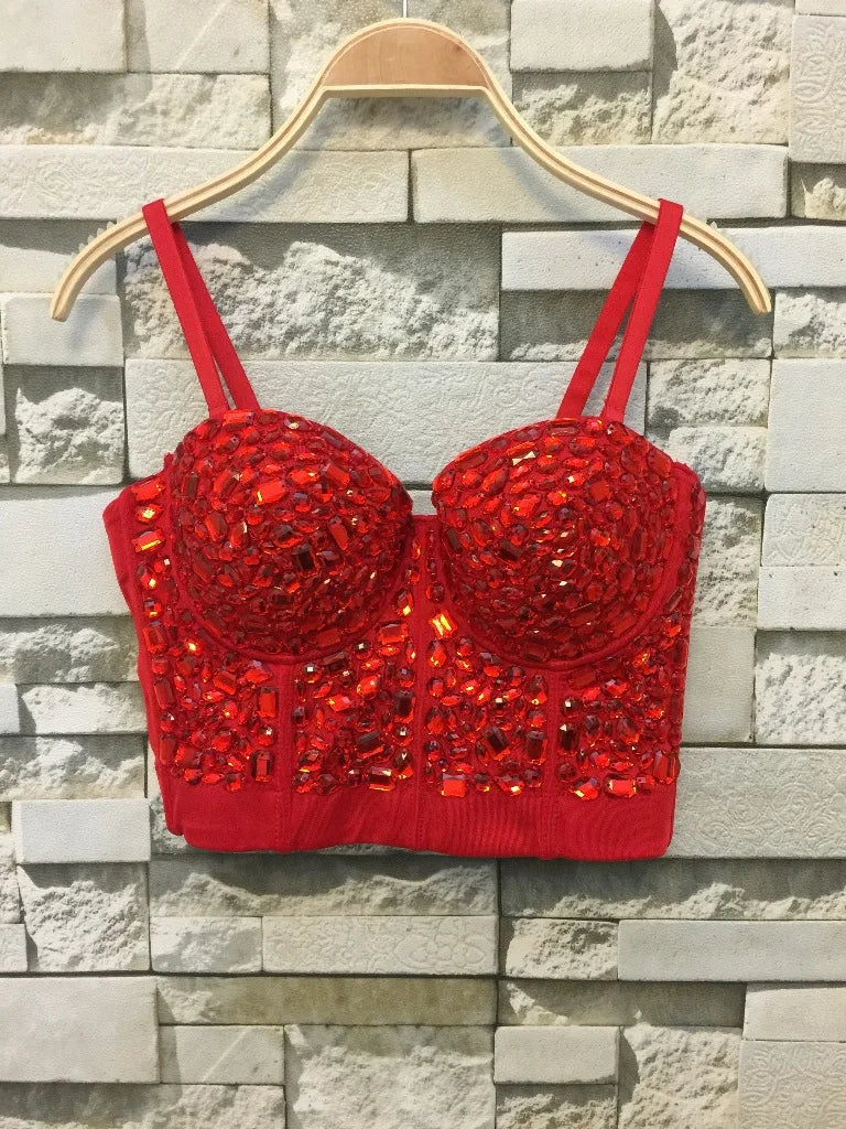 Unique red Rhinestone Gaga Bustier Pearls Diamond Push Up Night Club Bralette Women's Bra Top Vest fashion w1172