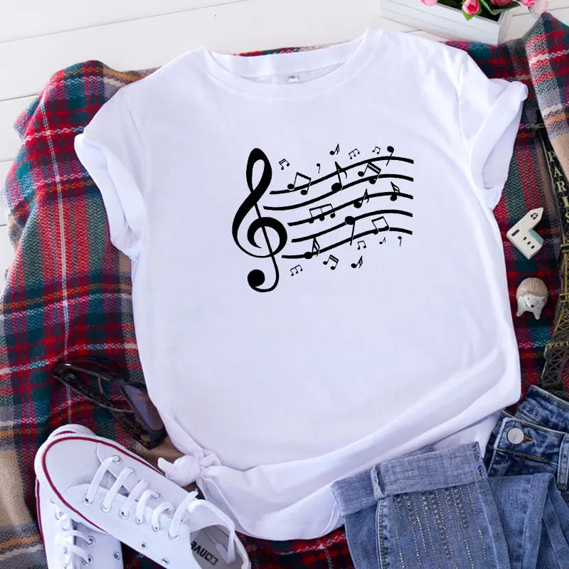 Music Notes Printing Women T-Shirt Graphic Tee Women Summer Tops Female Harajuku Tshirt Korean Shirts Short Sleeve T Shirt