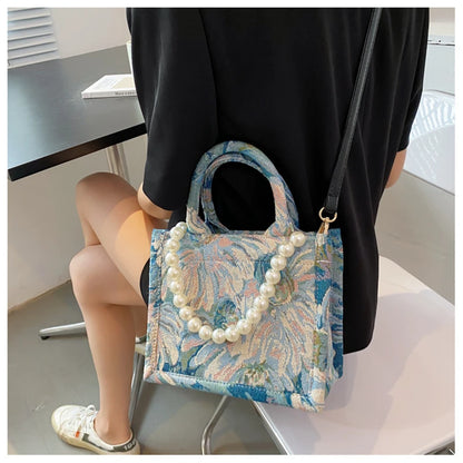 Unusual Design Denim Handbags for Women New Luxury Woman Canvas Tote Bag Pearl Bead Decorated Diagonal Crossbag Femme