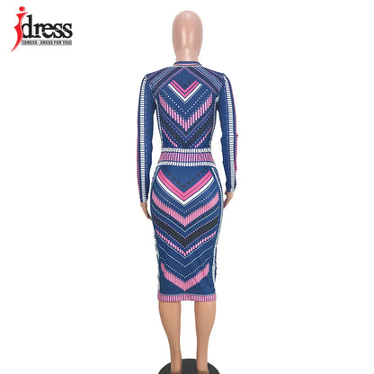 IDress Long Sleeve Winter Dress Women Sexy Striped Printed Autumn Winter Knee Length Bandage Evening Party Bodycon Casual Dress