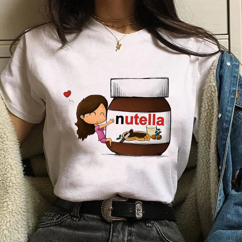 New Lovely Nutella Printed Women T-shirts Harajuku Cartoon Print Shirts Female Short Sleeve O-neck Top Tees Funny Tshirt