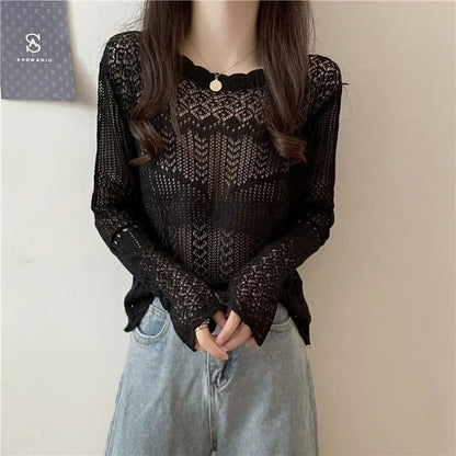 Sweaters Women Knitted Hollow Out Summer Thin Fashion Loose Long Sleeve New Casual See Through Sexy Pullovers All-match Simple