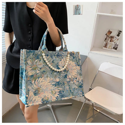 Unusual Design Denim Handbags for Women New Luxury Woman Canvas Tote Bag Pearl Bead Decorated Diagonal Crossbag Femme