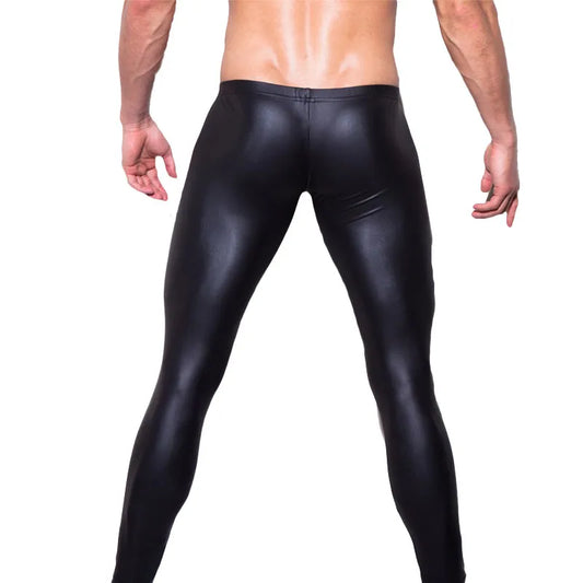 Sexy Men Low-rise U Bulge Pouch Night Club Stage Performance Tights Bodywear Pants Men's Shiny Faux Leather Leggings Gay Wear