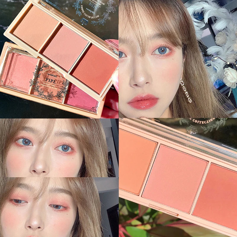 3 In 1Milk Tea Blush Peach Pallete 3 Colors Face Mineral Pigment Cheek Blusher Powder Makeup Contour Shadow Blush with Brush