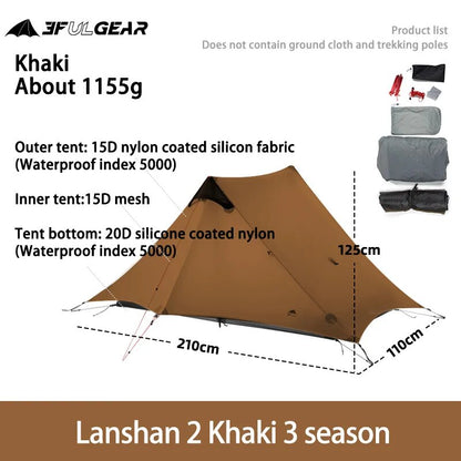 LanShan 2 3F UL GEAR 2 Person Outdoor Ultralight Camping Tent 4 Season Professional 15D Silnylon Rodless Tent