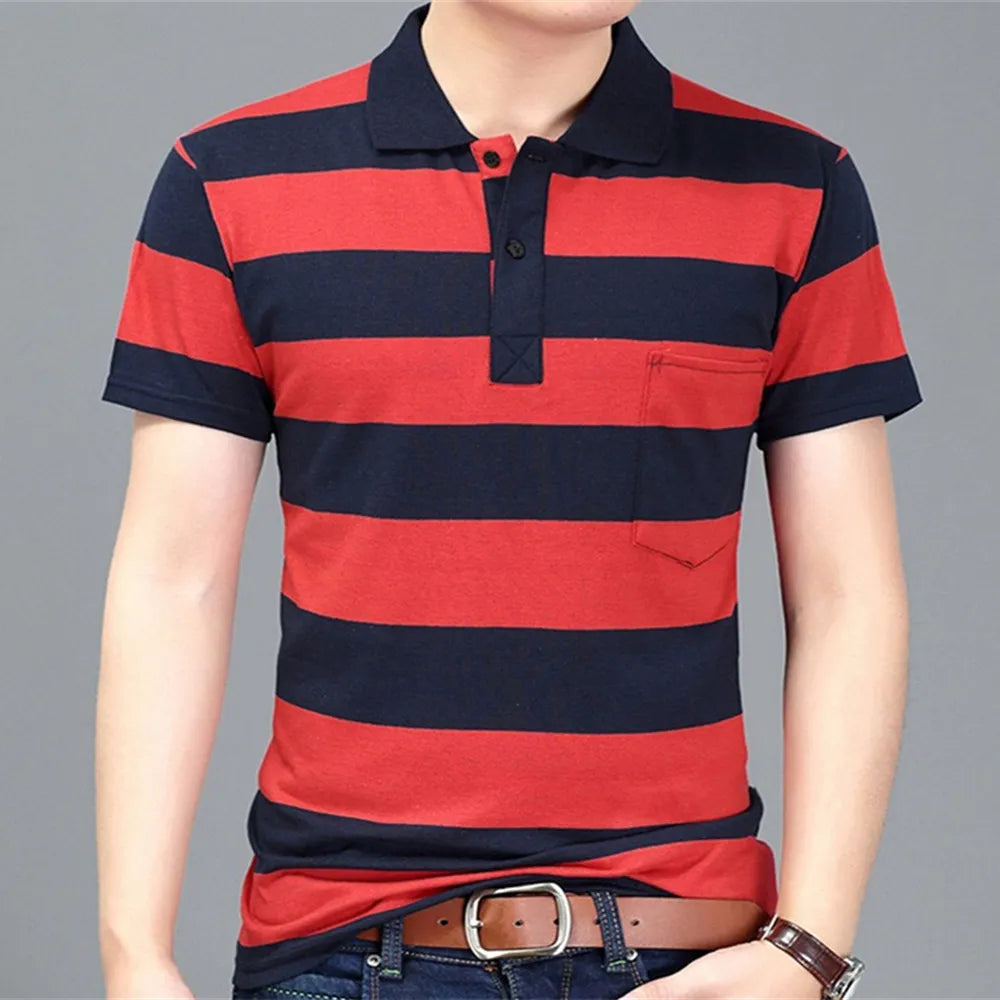 MwOiiOwM New Summer Style Striped Short Sleeve Casual Male T Shirt High Quality Polyester T-shirts Men Turn Down Collar Tshirt