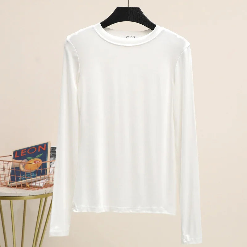 Modal Solid Basic Tshirt O Neck Long Sleeves Women Autumn Bottoming Tee Tops All match Tee Shirt Plus size undershirt