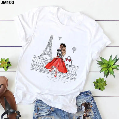 New Women's Eiffel Tower Beautiful Girl Print T Shirt Women Harajuku Fashion Short Sleeve Tshirt Korean Style Female Top T-shirt