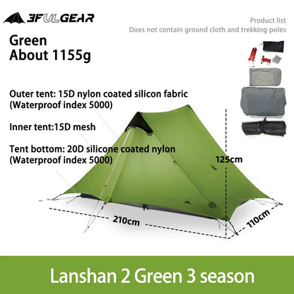 LanShan 2 3F UL GEAR 2 Person Outdoor Ultralight Camping Tent 4 Season Professional 15D Silnylon Rodless Tent