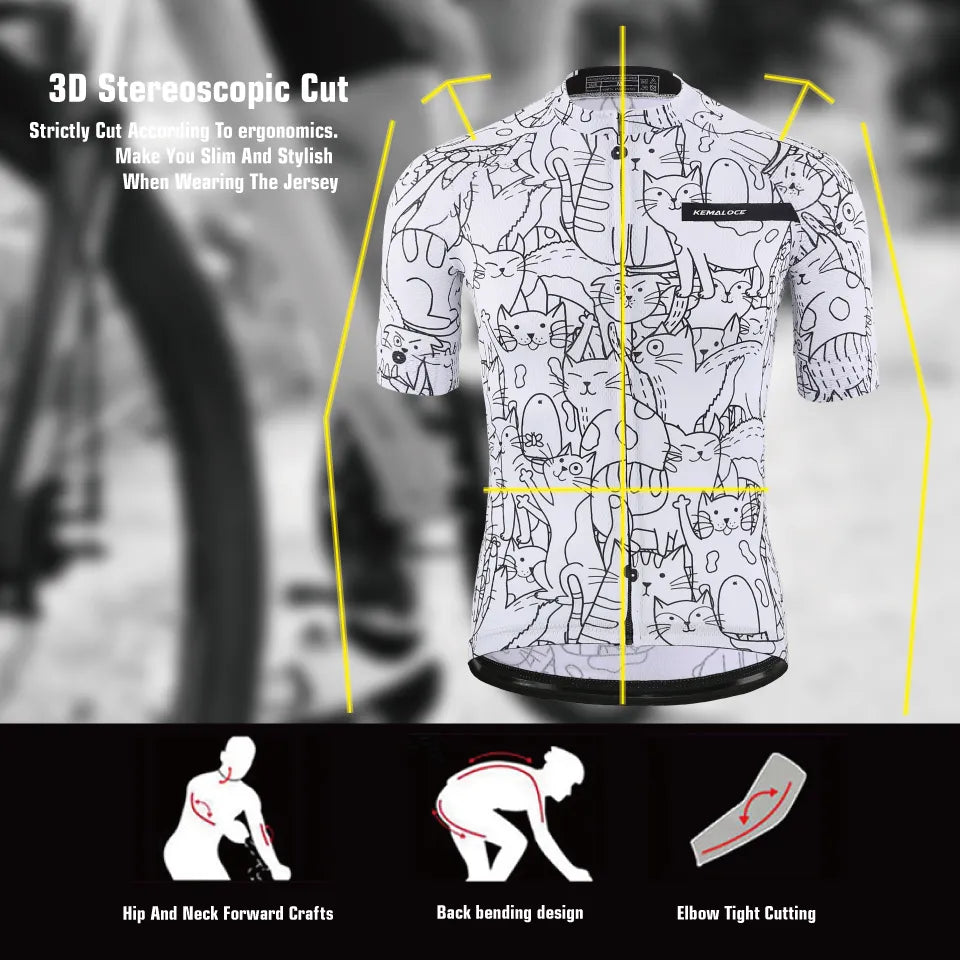 KEMALOCE Breathable Unisex White Cartoon Cat Cycling Jersey, Spring Anti-Pilling Eco-Friendly Bike Clothing Top Road Team Bicycle