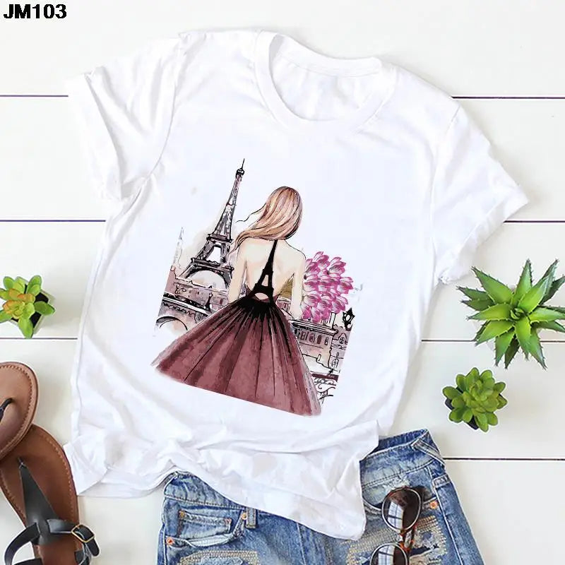 New Women's Eiffel Tower Beautiful Girl Print T Shirt Women Harajuku Fashion Short Sleeve Tshirt Korean Style Female Top T-shirt