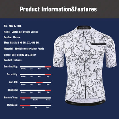 KEMALOCE Breathable Unisex White Cartoon Cat Cycling Jersey, Spring Anti-Pilling Eco-Friendly Bike Clothing Top Road Team Bicycle