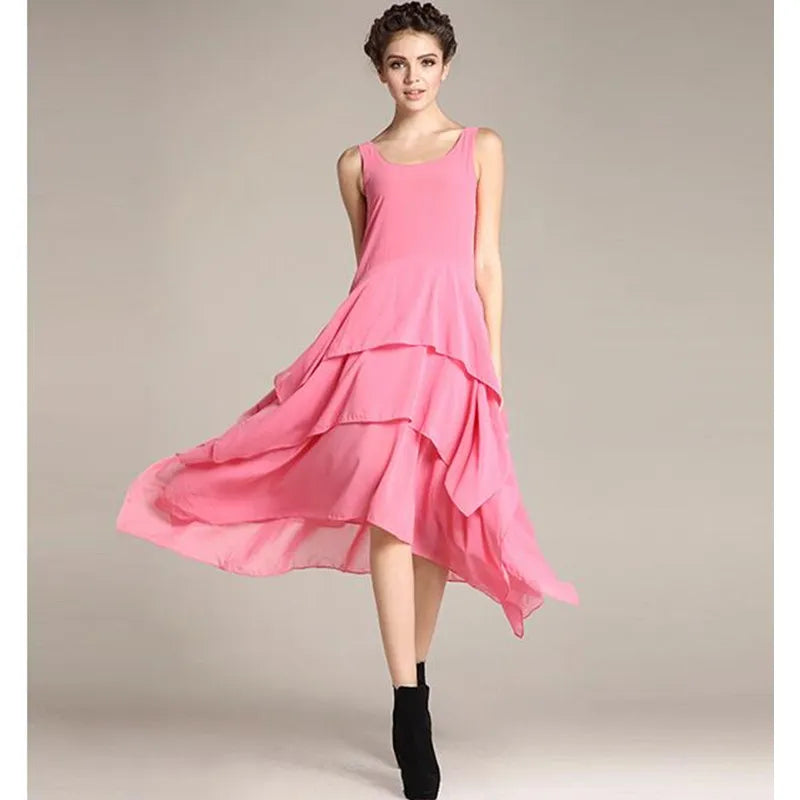 2023 Summer elegant irregular ruffle long dress cute tank chiffon dress,brand candy color vestido de festa