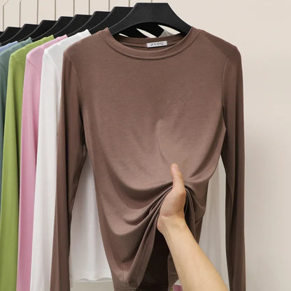 Modal Solid Basic Tshirt O Neck Long Sleeves Women Autumn Bottoming Tee Tops All match Tee Shirt Plus size undershirt