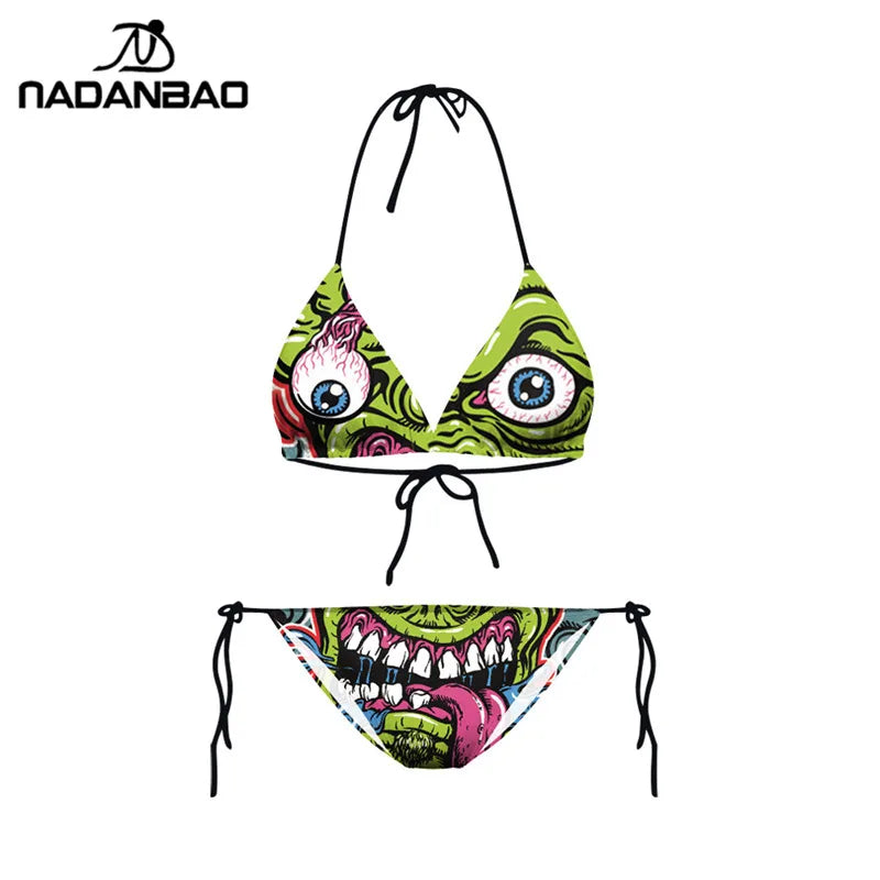 Bikini 2023 Plavky Mujer Sexy Set Swimsuit biquini Skull Printed Women Bra Swimwear Green Bathing Suit Bikinis  Y03002