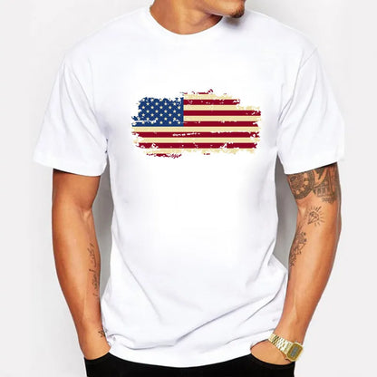 BLWHSA Summer USA Flag Men T shirts 100% Cotton Short Sleeve Fans Nostalgia United States Flag Style T-shirts For Men