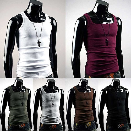 Men's Casual Tank Sleeveless Square Neck Exercise Muscle Slim Vest Top Bodybuilding Fitness Muscle Singlet T-shirts camisetas