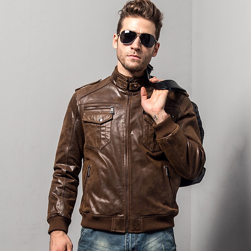 Men's pigskin motorcycle real leather jacket padding cotton winter warm coat male Genuine Leather jacket