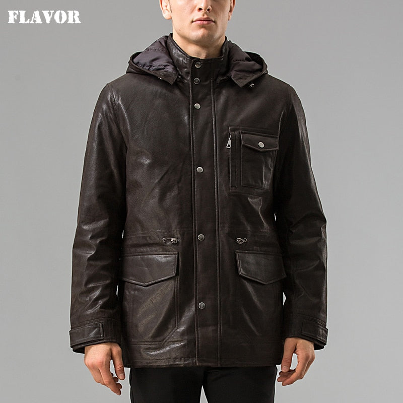 Men real leather jacket Pigskin Hooded leather coat Genuine Leather jacket men's winter warm overcoat male