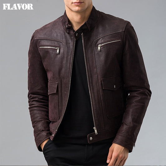 Men's Genuine Leather jacket Pigskin real leather jacket men motorcycle leather coat S-6XL big size