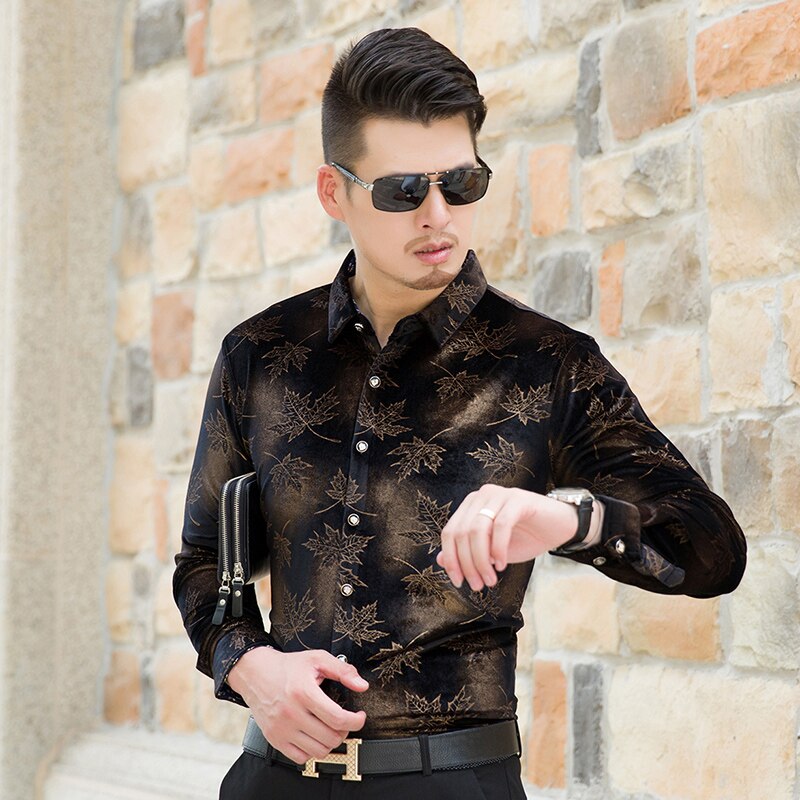 High Quality Autumn Mens Fashion Printing Pattern Long Sleeve Gold Velvet Dress Shirt