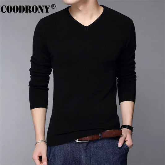 COODRONY Casual Slim Fit Sweater Men Classic Pure Black Pullover Men Solid Color V-Neck Pull Homme Cashmere Wool Sweaters Shirts