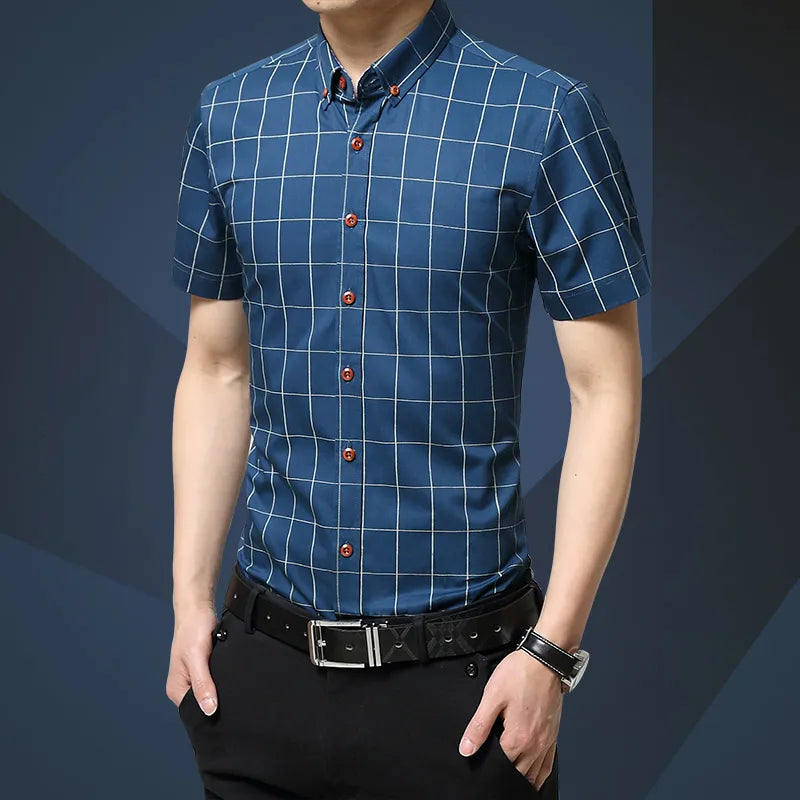 Men Shirt Men's Shorts Sleeve Slim Fit Checkered   Dress Shirt 2023 Summer Camisa Social Masculina Chemise Homme