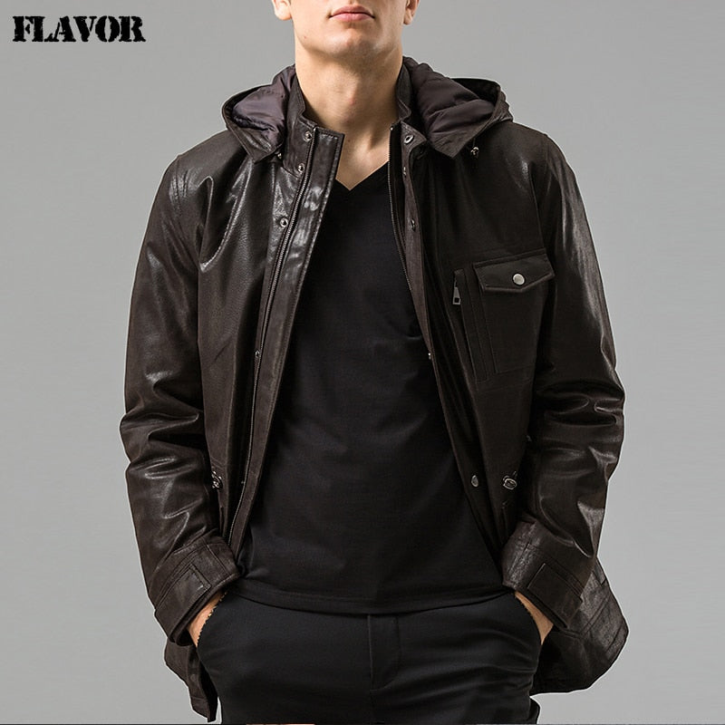 Men real leather jacket Pigskin Hooded leather coat Genuine Leather jacket men's winter warm overcoat male