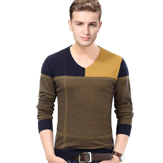 New Design Casual Autumn Patchwork V-Neck Cotton Jumpers Pullover Men Sweaters