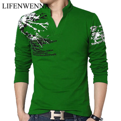 Men's T Shirt Fashion Flower Print V Neck Long Sleeve T Shirt Mens Clothes Trend Casual Top Tee