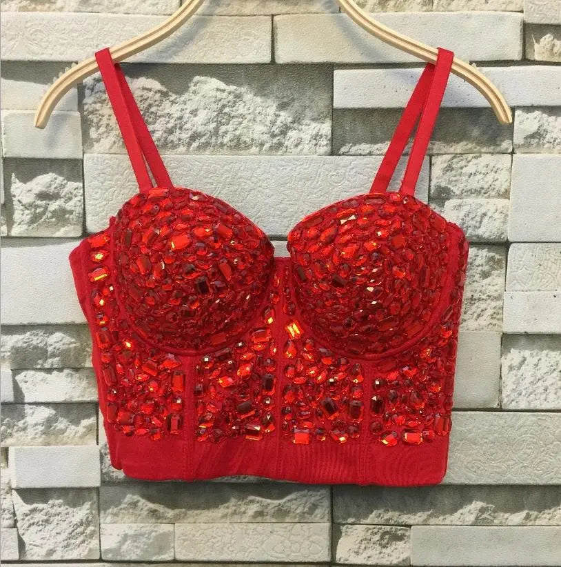 Unique red Rhinestone Gaga Bustier Pearls Diamond Push Up Night Club Bralette Women's Bra Top Vest fashion w1172