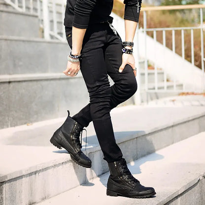 Idopy Hot Selling Men`s Korean Designer Black Slim Fit Jeans Punk Cool Super Skinny Pants With Chain For Male