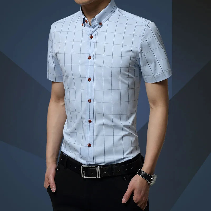 Men Shirt Men's Shorts Sleeve Slim Fit Checkered   Dress Shirt 2023 Summer Camisa Social Masculina Chemise Homme