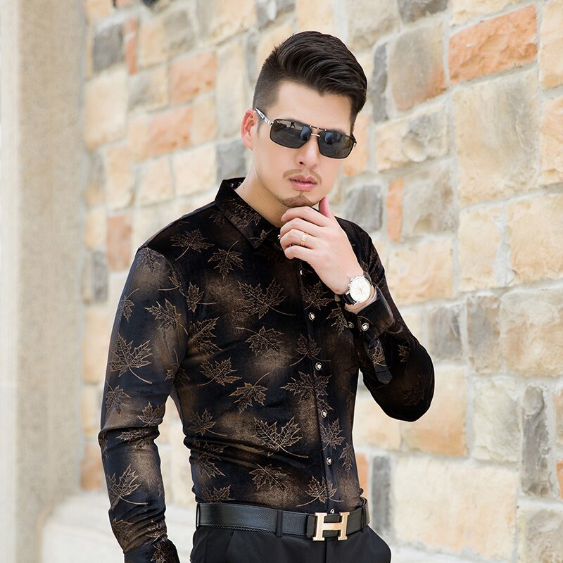 High Quality Autumn Mens Fashion Printing Pattern Long Sleeve Gold Velvet Dress Shirt