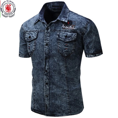 2021 New Brand Men Shirt Short Sleeve Denim Shirt  Mens Casual Dress Male Jean Shirts High Quality 100% Cotton
