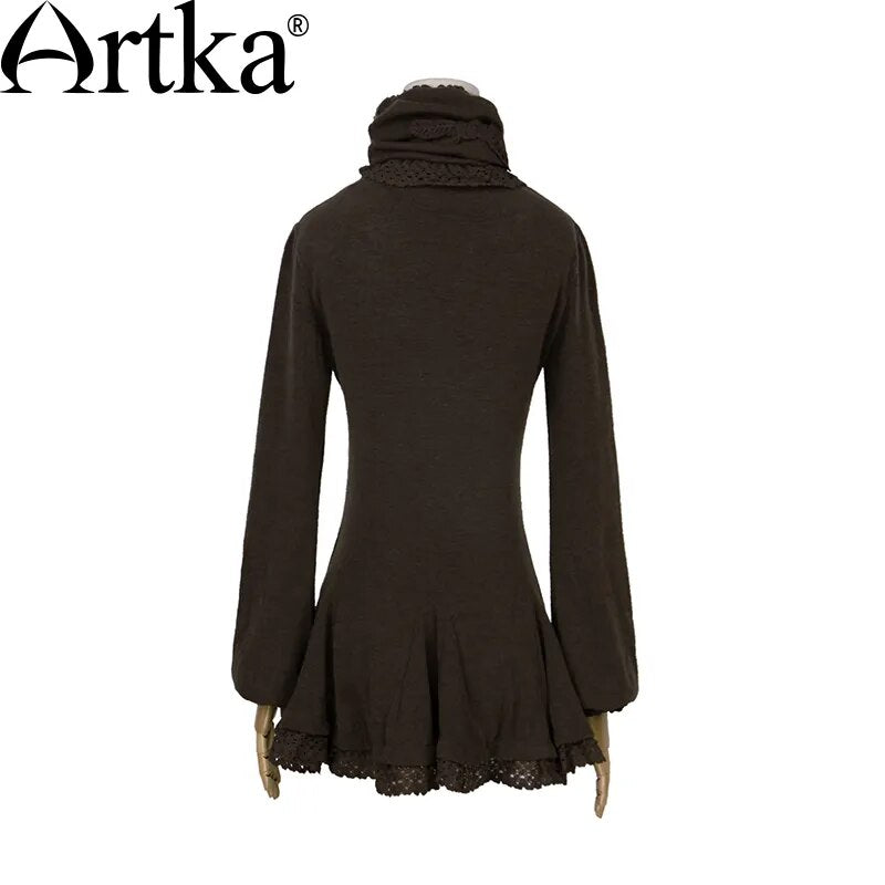 ARTKA Women's Autumn Vintage Slim Basic T-Shirt Removable Scarf Long-Sleeve Lace Ruffled Hem Casual T-shit ZA10032D