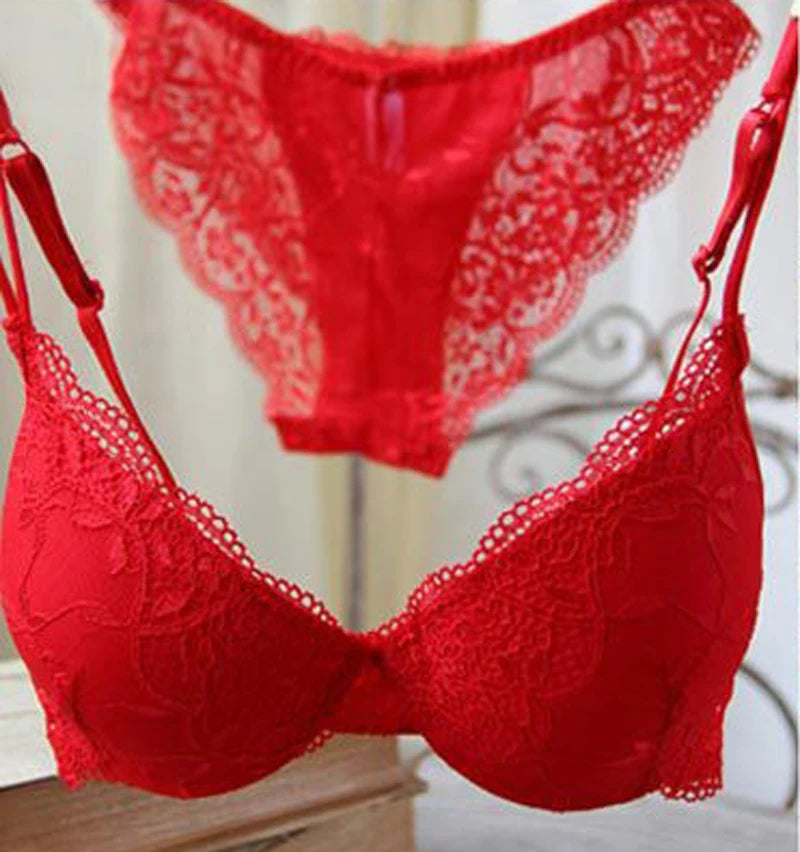 Sexy Women Deep V Lace Decro Underwire Bra Set Push Up Solid 32A-38C Bra Outfit